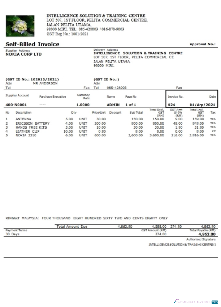 Download Malaysia Intelligence Solution & Training Centre self billed invoice Photoshop template